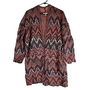 Lucky Brand Womens Sweater Red Chevron Duster Open Front Cardigan Wool Blend S